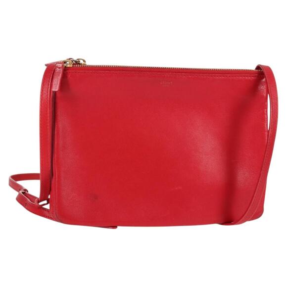 CELINE Trio Shoulder Bag Leather Red Gold - Picture 1 of 12